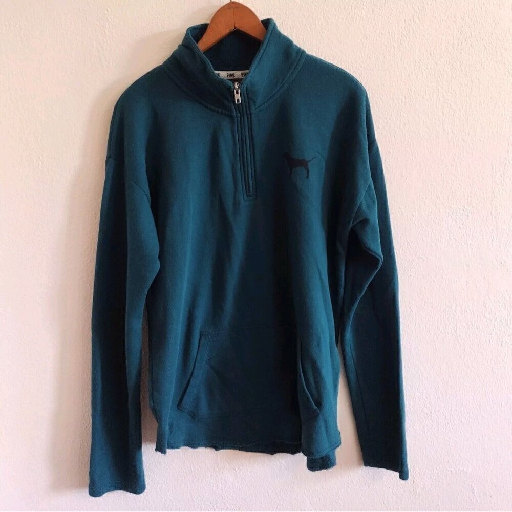 Victorias Secret PINK Quarter Zip Green Long Sleeve Pullover Sweatshirt
